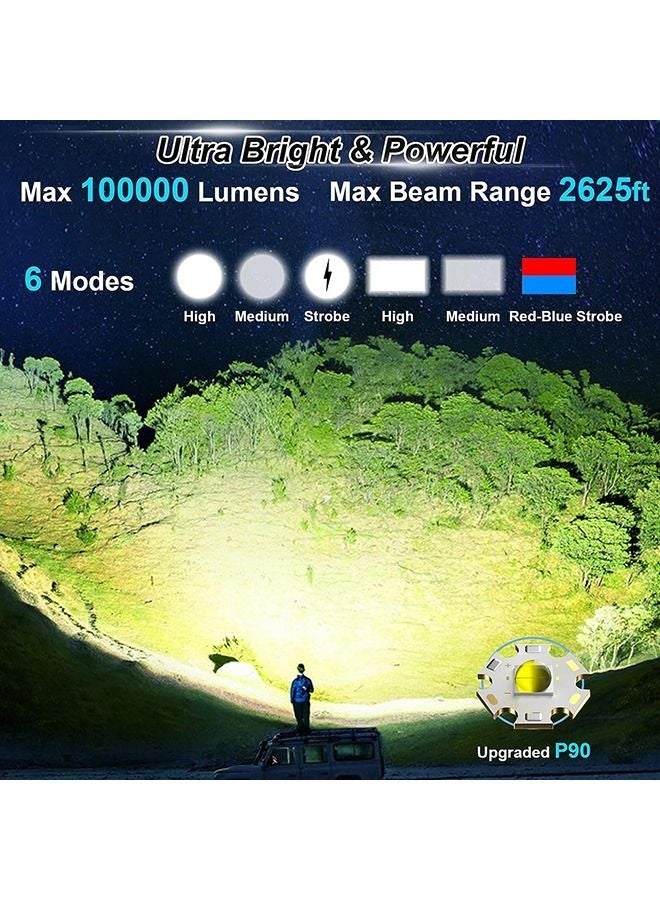 كشاف قابل لإعادة الشحن، 100000 لومن، مصابيح LED محمولة، مصباح يدوي كبير، فائق السطوع، مصابيح شمسية خارجية، كشاف مع ضوء COB، 6 أوضاع، مقاوم للماء IPX5 - Image 2