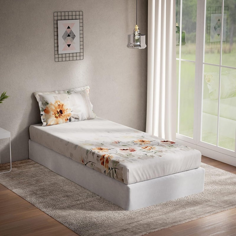 DDECOR Live beautiful DDECOR Floral Cotton 136 TC Single Bed Sheet with 1 Pillow Cover Orange 