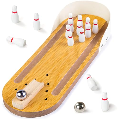 3 otters Mini Bowling Set, Wooden Tabletop Bowling Game Desk Toys, Stocking Stuffers for Men Women Kids Teens Coworkers, Shooting Games Alley Office Stress Relief Gadgets - Image 1