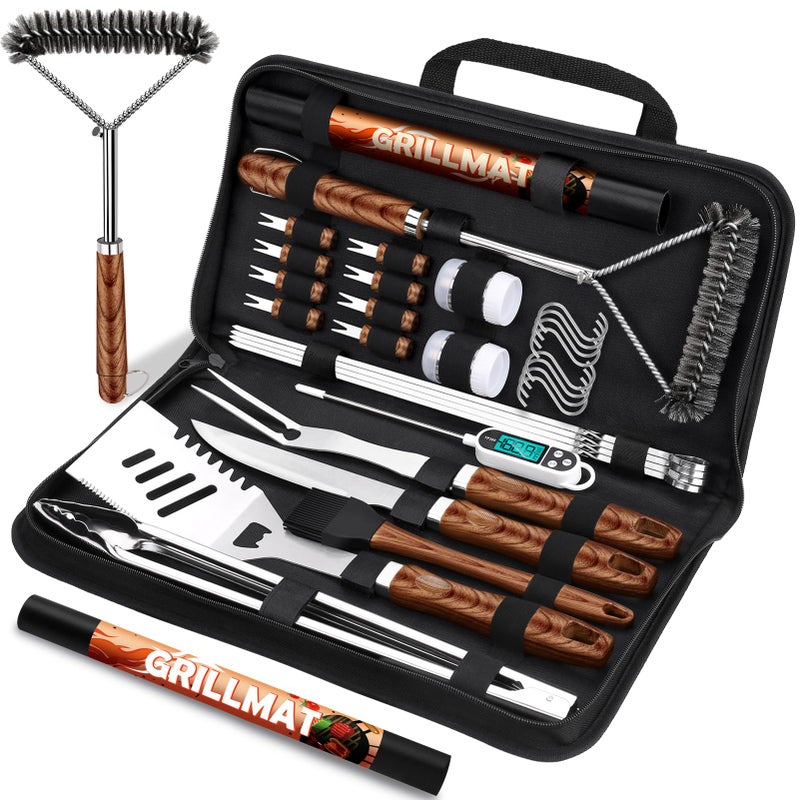 RINPIR 31pcs BBQ Grill Accessories Gifts for Men Dad, Heavy Duty Grilling Tools Gift Set for Fatherâ€˜s Day, Stainless Steel BBQ Utensils Kit with Mats, Grill Brush in Carrying Bag Brown - Image 1