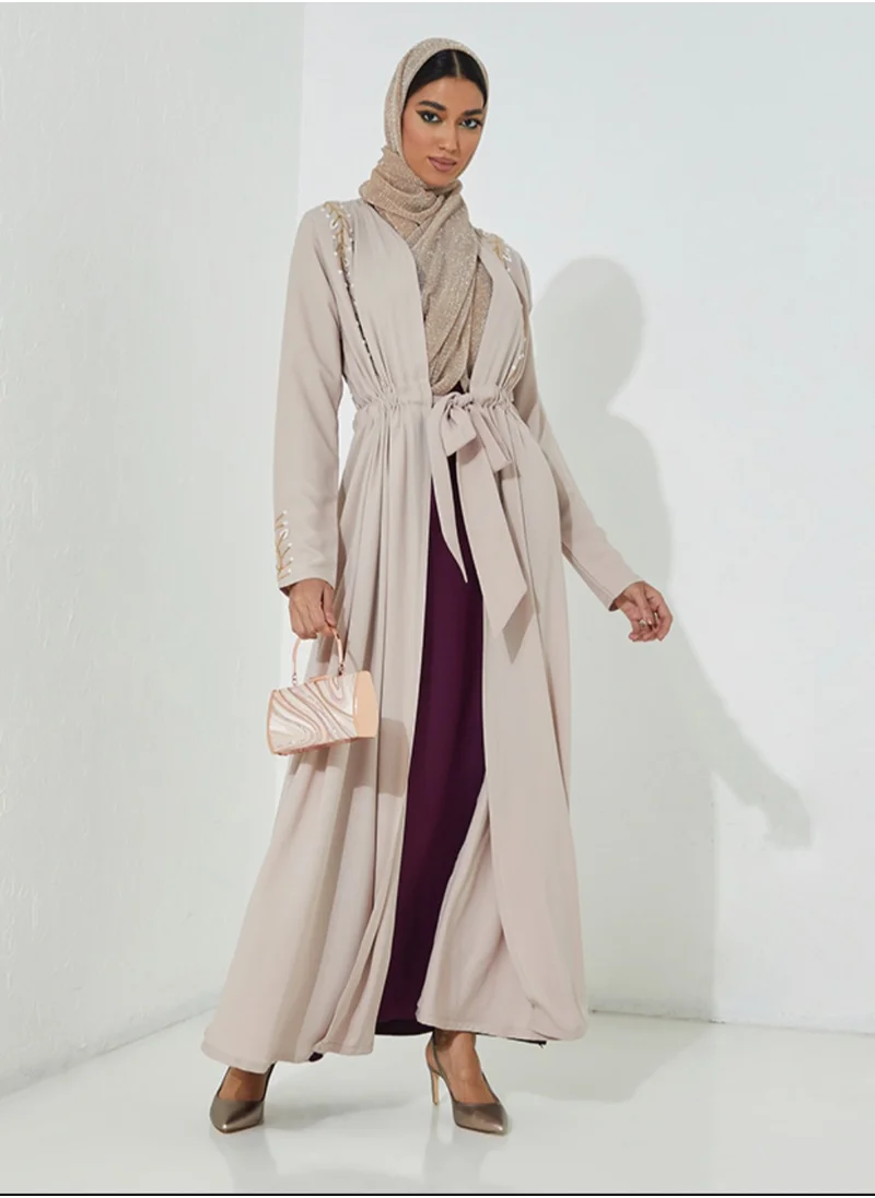 Rosette Abaya Abaya Set 2 pieces Beige With Purple dress