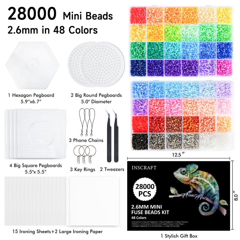 INSCRAFT 28,000 Mini Fuse Beads, 2.6mm 48 Colors Melty Beads with 7 Pegboards 15 Ironing Sheets 2 Tweezers 2 Ironing Papers & 6 Chain Accessories - Image 2