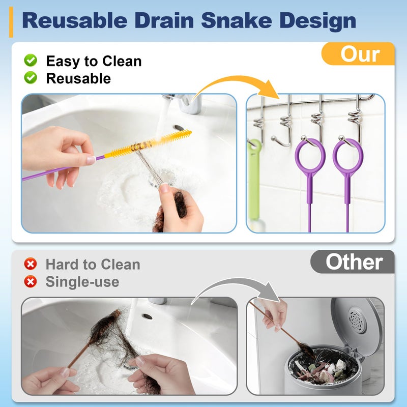 Drainsoon 35-Inch Metal Drain Snake Hair Clog Remover, Reusable Sink Snake Drain Hair Remover Tool, Flexible Break-Resistant Plumbing Snake Drain Cleaner for Shower, Bathtub, and Kitchen Sink (5 Pack) - Image 2