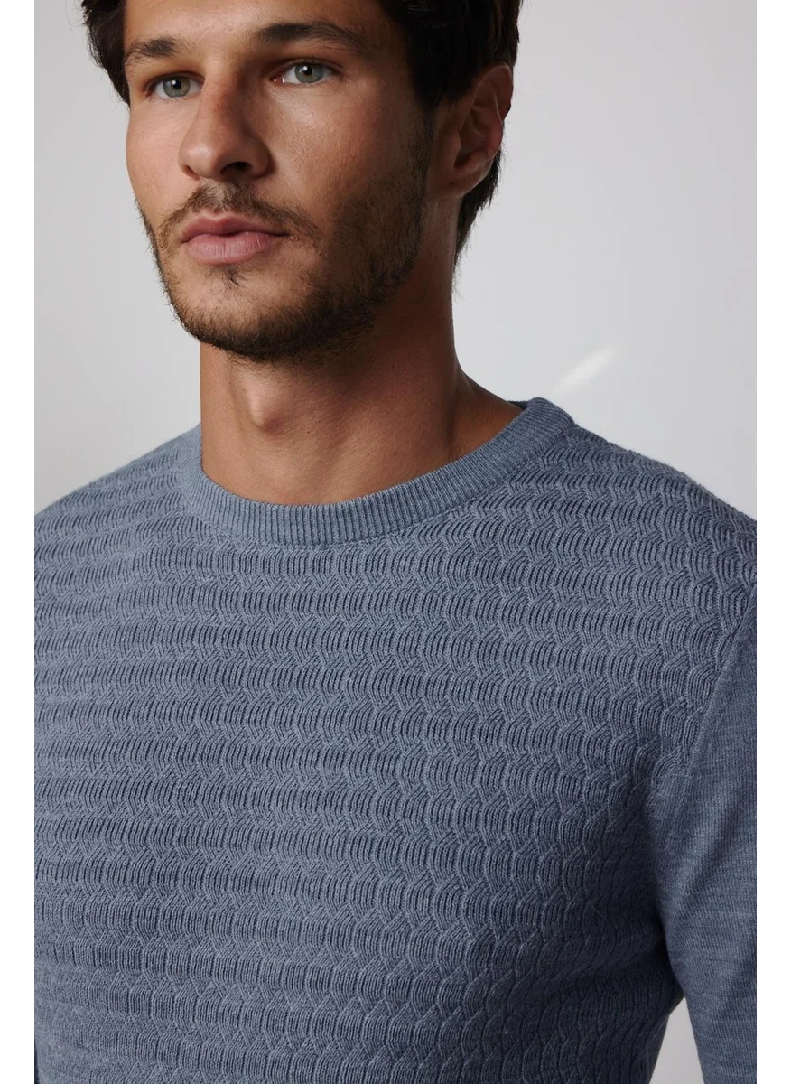 Tudors Slim Fit Crew Neck Self-Patterned Indigo Men's Knitwear Sweater