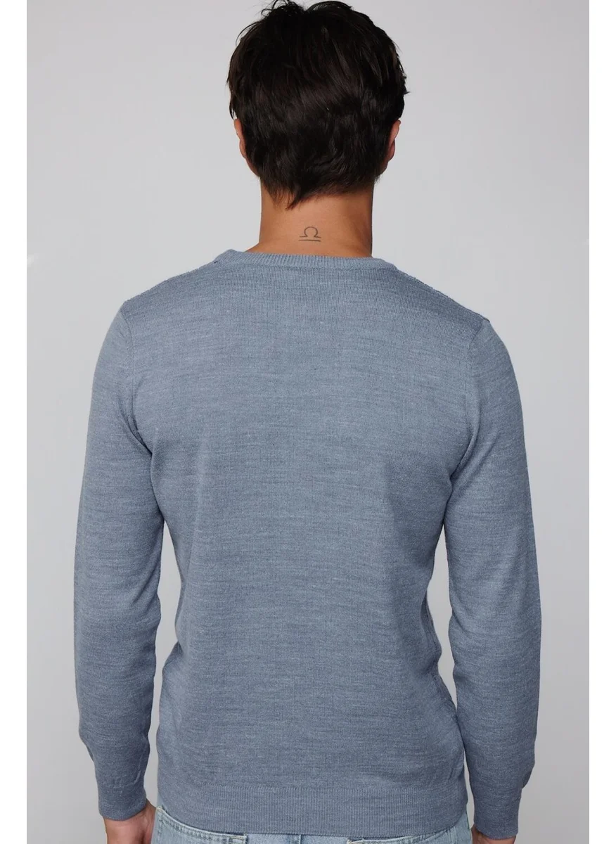 Tudors Slim Fit Crew Neck Self-Patterned Indigo Men's Knitwear Sweater