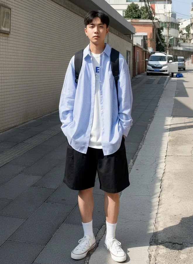 Take Two Take Two Men Blue Striped Oversized Shirt