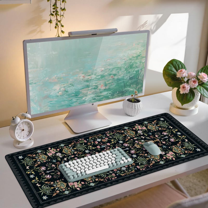 iCasso Large Desk Mat Black,Big Mouse Pad with Stitched Edges,Aesthetic Computer Pad for Desktop,Anti-Slip Keyboard Mat for Women,Floral Desk Cover Protector Work from Office Home Dorm - Image 1