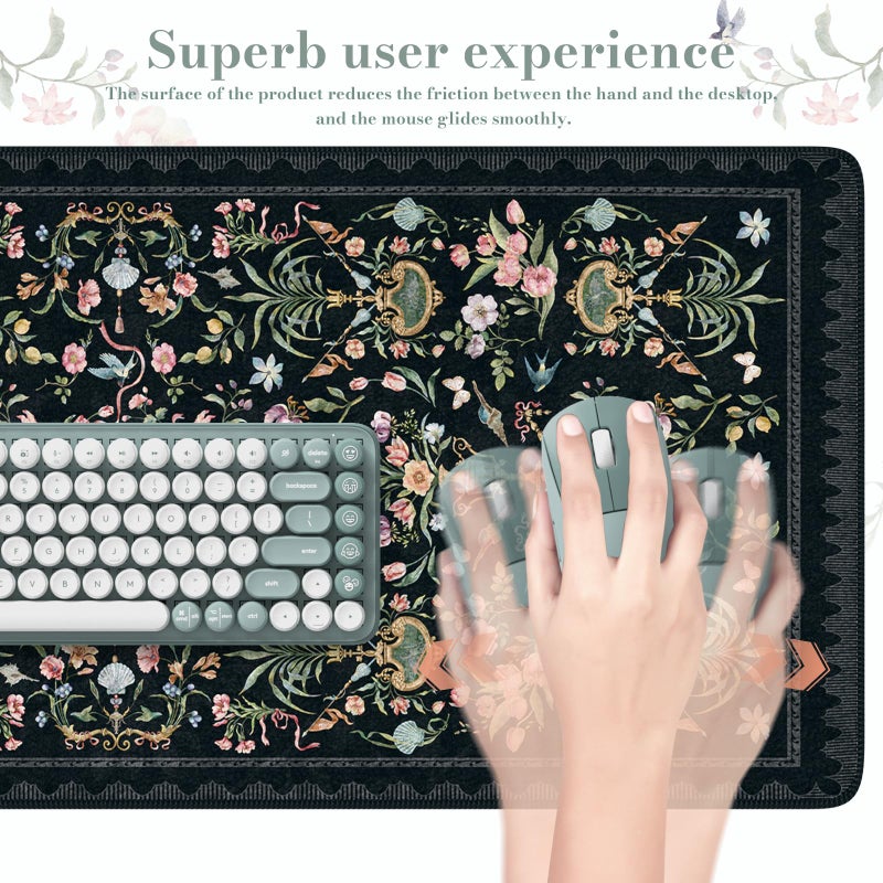 iCasso Large Desk Mat Black,Big Mouse Pad with Stitched Edges,Aesthetic Computer Pad for Desktop,Anti-Slip Keyboard Mat for Women,Floral Desk Cover Protector Work from Office Home Dorm - Image 4