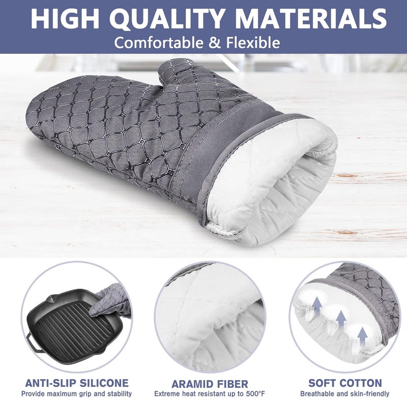 Wsedor 6 Pcs Oven Mitts and Pot Holders, 500℉ Heat Resistant Oven Mitts with Kitchen Towels Soft Cotton Lining and Non-Slip Silicone Surface Safe for Baking, Cooking, BBQ (Grey) - Image 3