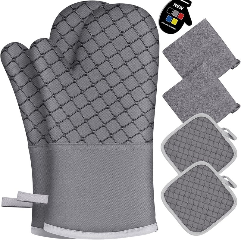 Wsedor 6 Pcs Oven Mitts and Pot Holders, 500℉ Heat Resistant Oven Mitts with Kitchen Towels Soft Cotton Lining and Non-Slip Silicone Surface Safe for Baking, Cooking, BBQ (Grey) - Image 1