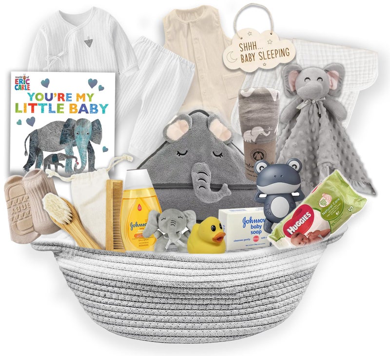 Beyond The Box New Baby Boy/Girl Gift Basket (20 Items) for a New mom Elephant Baby Gift Set. Welcome Baby Care Package All w/Newborn Essentials Bundle for Expecting Moms Baby Shower, After Labor Unisex - Image 1