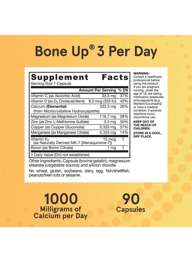 BoneUp Three Per Day for Bone Density and Skeletal Nutrition, Includes Vitamin D3, K2 (as MK-7) and Calcium, 90 Capsules, 30 Day Supply