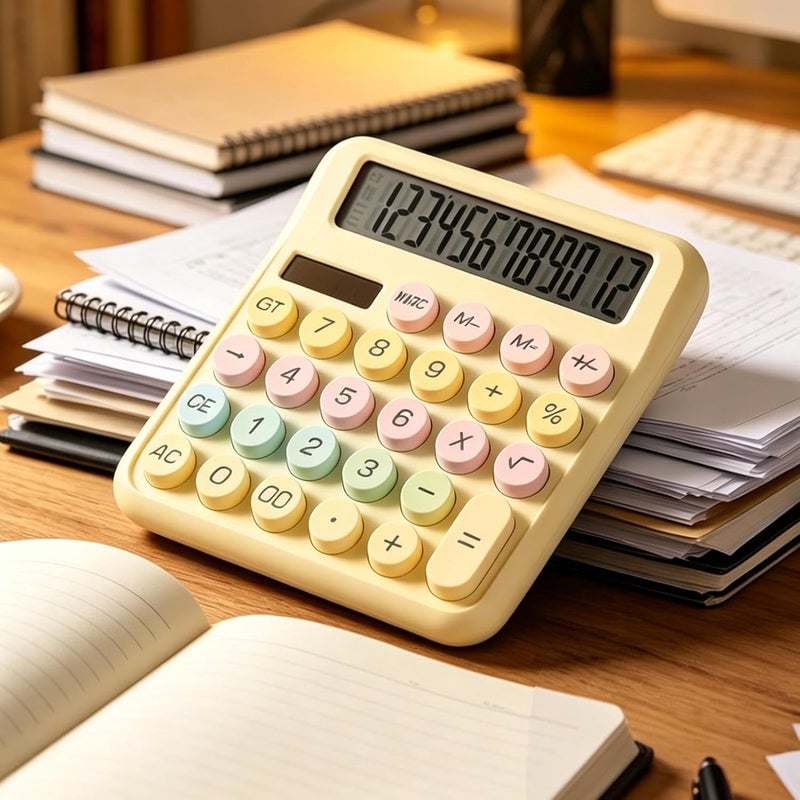 Mechanical Calculator,12 Digits Solar Cute Colorful Counter - Big Button Calculator | for Home Office School College Work Business Travel Outdoor Shopping Store - Image 2