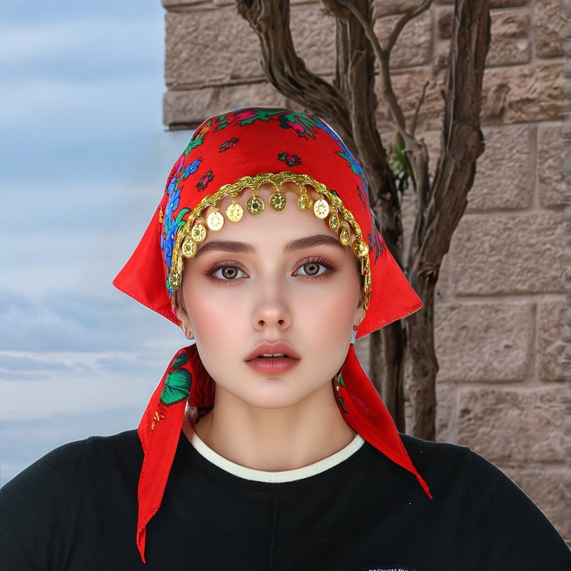 Fashionable Peony Headscarf with Luxurious Gold Sequin Accessories - Breathable, Dustproof, Lightweight Summer Wrap for Women - Image 1