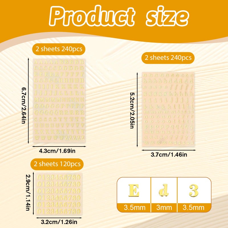 Tweruna 6 Sheets Mini Alphabet Stickers, Metal Letter Number Stickers, Gold Glitter Self-Adhesive Small 3D Sticker for Epoxy Resin, Water Bottles, DIY Crafts, Scrapbook Vinyl Decoration (640 PCS) - Image 3