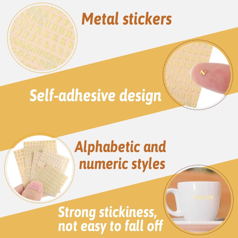 Tweruna 6 Sheets Mini Alphabet Stickers, Metal Letter Number Stickers, Gold Glitter Self-Adhesive Small 3D Sticker for Epoxy Resin, Water Bottles, DIY Crafts, Scrapbook Vinyl Decoration (640 PCS) - Image 5