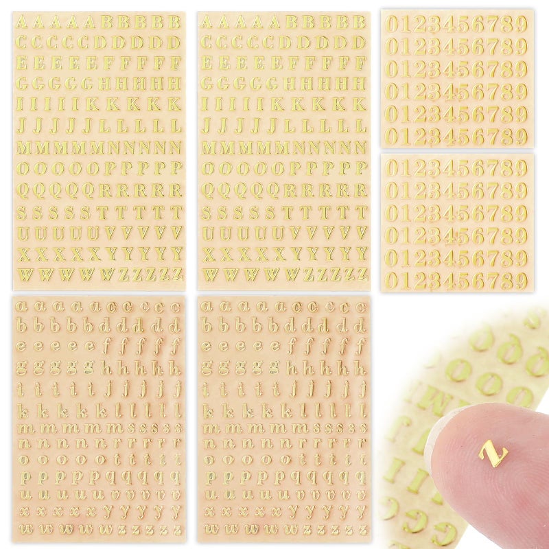 Tweruna 6 Sheets Mini Alphabet Stickers, Metal Letter Number Stickers, Gold Glitter Self-Adhesive Small 3D Sticker for Epoxy Resin, Water Bottles, DIY Crafts, Scrapbook Vinyl Decoration (640 PCS) - Image 1
