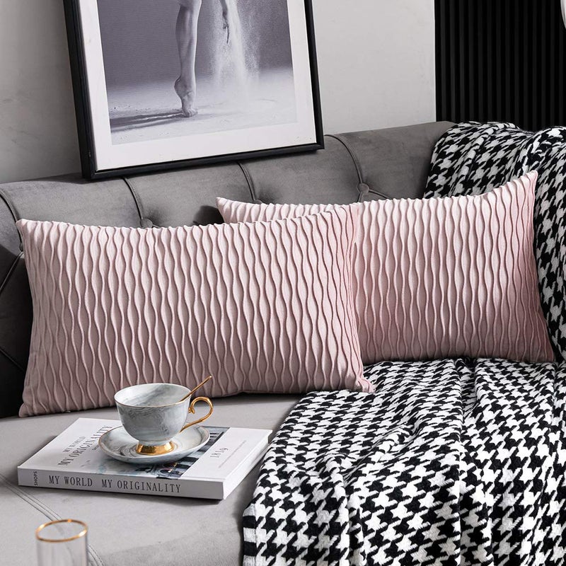DEZENE 12x20 Pink Throw Pillow Covers 2 Pack Original Striped Velvet Rectangular Decorative Pillow Cases for Farmhouse Couch