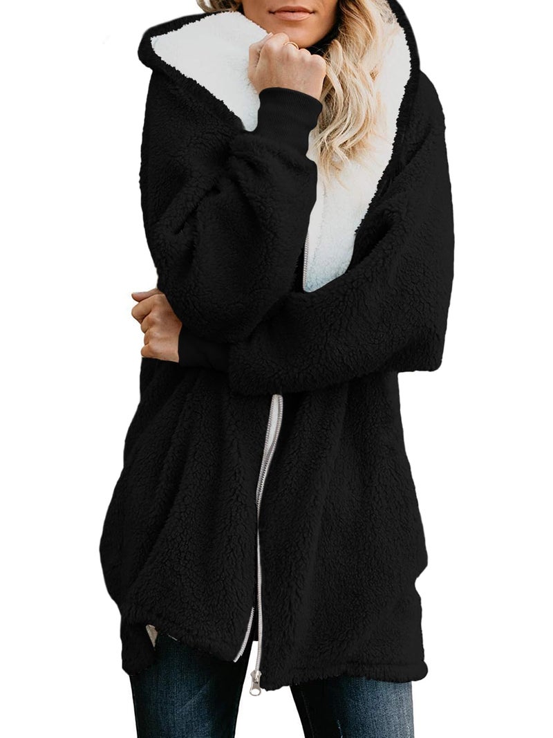 Yanekop Womens Oversized Sherpa Jacket Fuzzy Fleece Zip Up Jacket Warm Winter Coats Faux Fur Coat with Pockets(B Black,XL) - Image 1