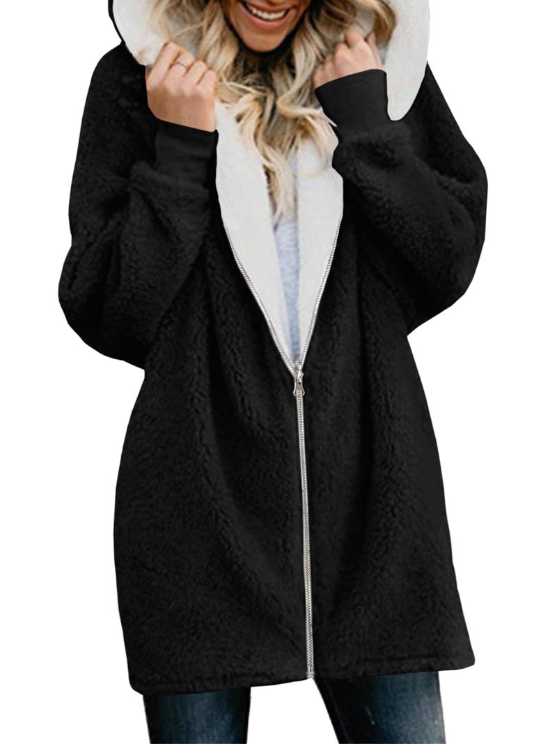 Yanekop Womens Oversized Sherpa Jacket Fuzzy Fleece Zip Up Jacket Warm Winter Coats Faux Fur Coat with Pockets(B Black,XL) - Image 2