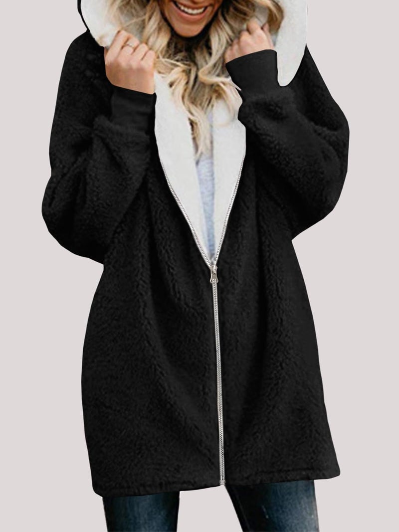 Yanekop Womens Oversized Sherpa Jacket Fuzzy Fleece Zip Up Jacket Warm Winter Coats Faux Fur Coat with Pockets(B Black,XL) - Image 3