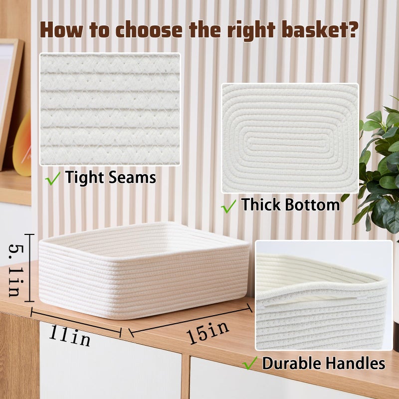 MiniArk Large Shallow Organizing Baskets 15x11x5.1 Inches - Rope Woven Storage Bins for Bathroom, Shelves, Cube Closet, Off White 3 Packs - Image 2