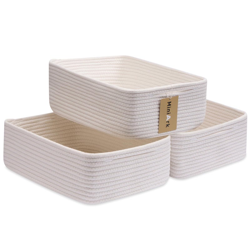 MiniArk Large Shallow Organizing Baskets 15x11x5.1 Inches - Rope Woven Storage Bins for Bathroom, Shelves, Cube Closet, Off White 3 Packs - Image 1