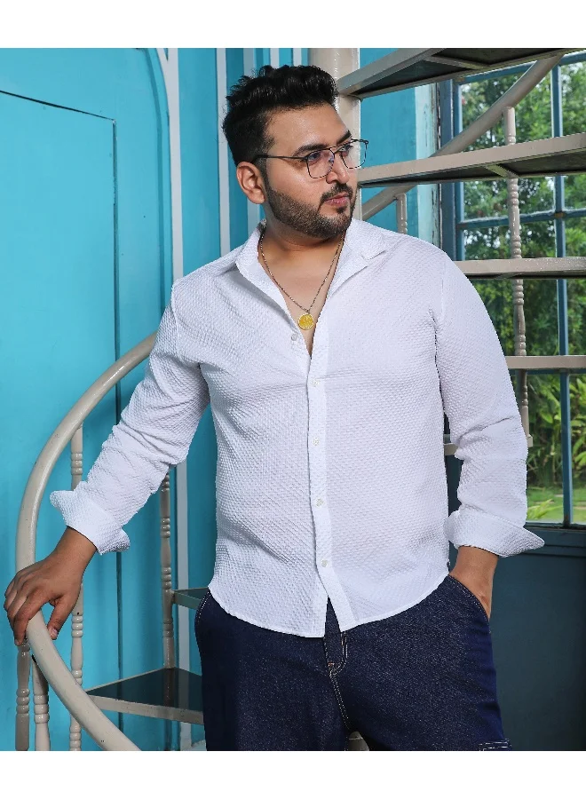 Instafab Plus Men's Chalk White Embossed Micro Check Shirt