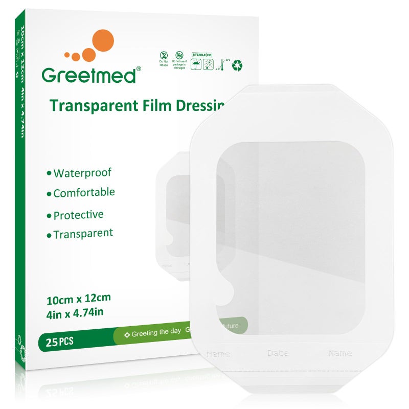 Greetmed Transparent Film Dressing 4'' x 4.75'', 25 Packs Clear Waterproof Bandages for Wounds, Large Adhesive Patches Breathable Wound Cover for Post Surgical, Shower, Swimming, Tattoo Aftercare, IV Shield - Image 1