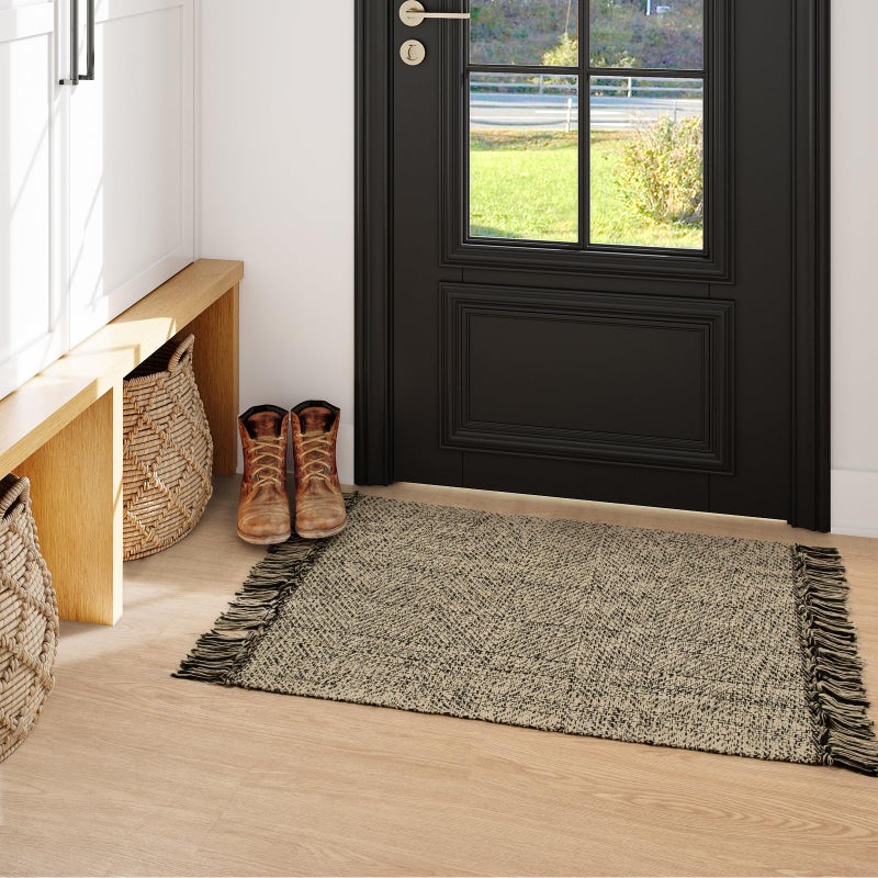 Collive سجادة صغيرة الحمام 2x3 المنسوجة يدويًا المنسوجة يدويًا أمامي حصيرة السجادة الطبيعية/الأسود القطن القابل للعكس سجادة المطبخ القابلة للغسل الحديثة - Image 2
