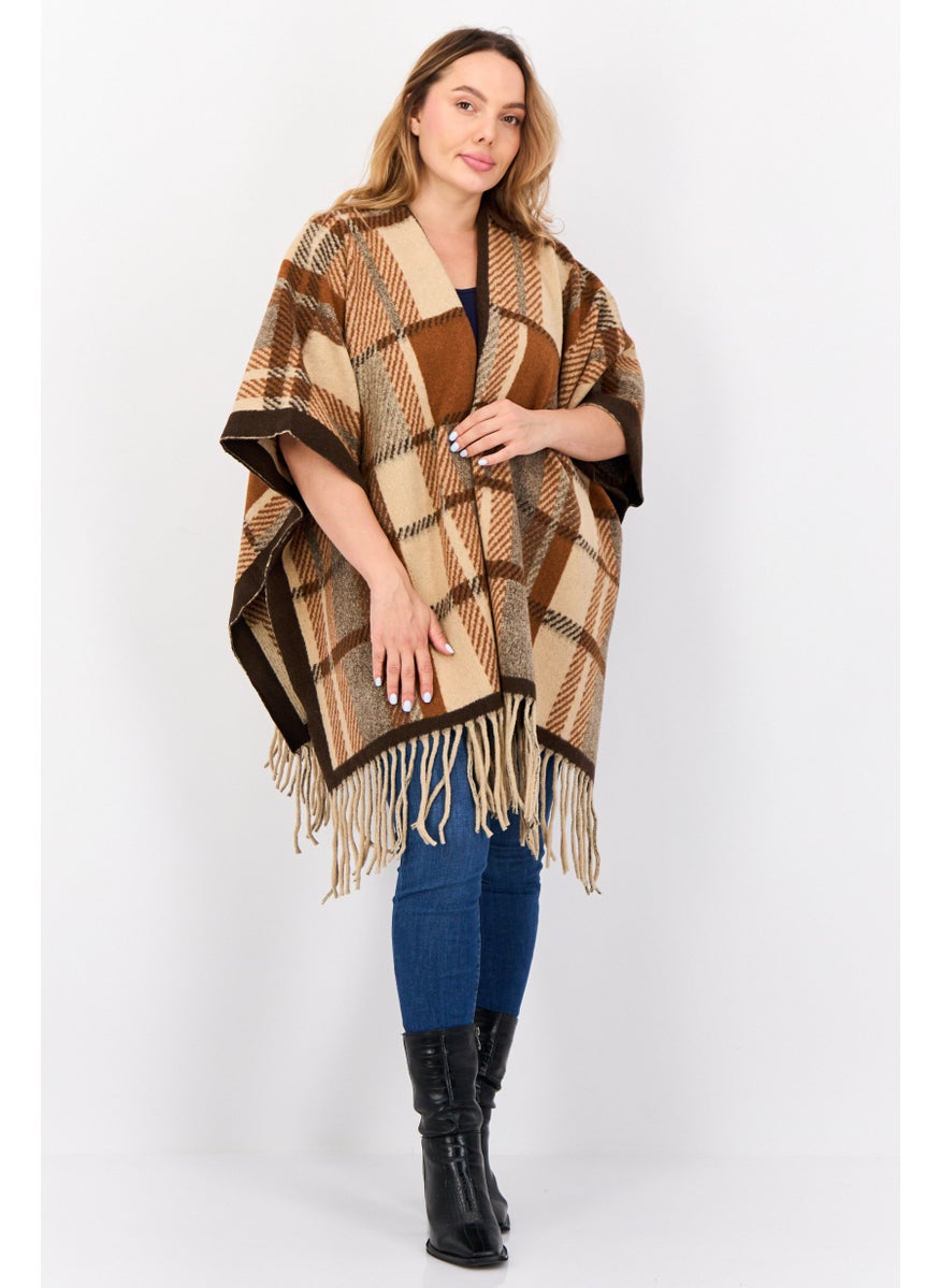 Max Studio Women Checkered Poncho Wraps, Brown  - Image 1