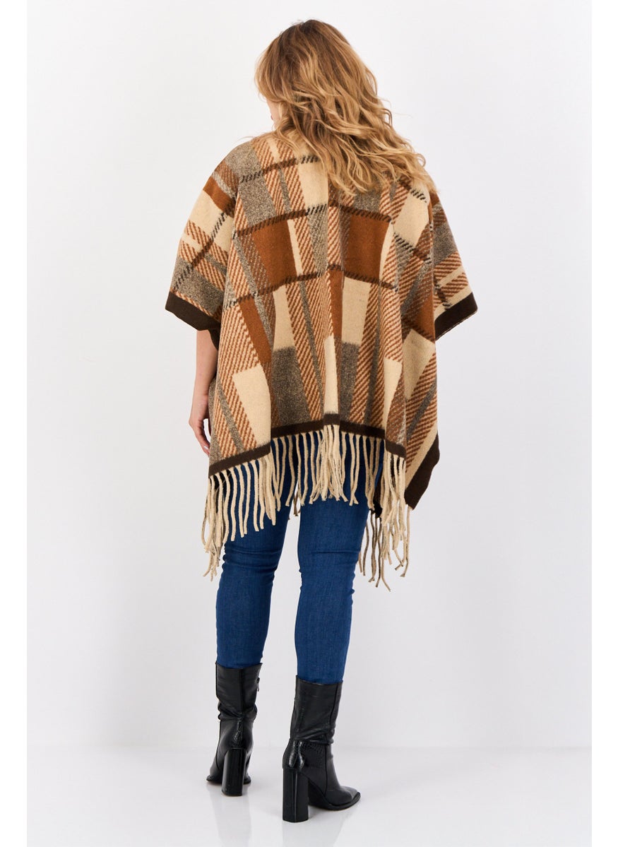 Max Studio Women Checkered Poncho Wraps, Brown  - Image 4