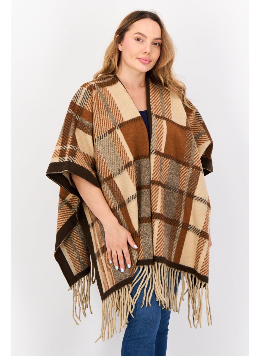 Max Studio Women Checkered Poncho Wraps, Brown  - Image 2