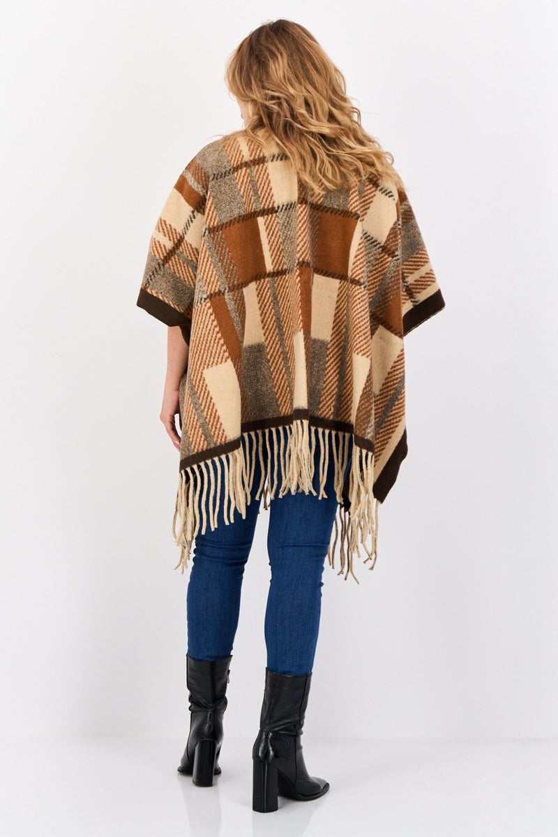 Max Studio Women Checkered Poncho Wraps, Brown  - Image 4