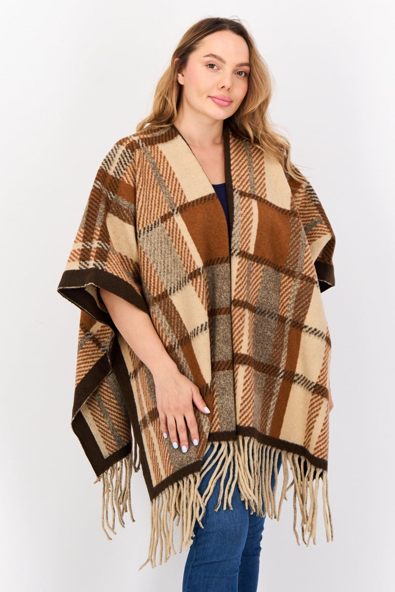 Max Studio Women Checkered Poncho Wraps, Brown  - Image 2