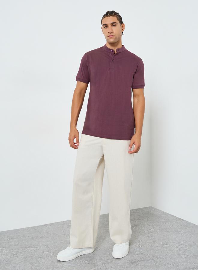 Styli Men Purple Cotton Mandarin Polo - Image 2