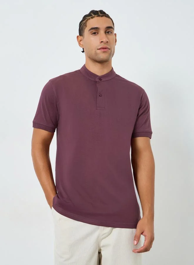 Men Purple Cotton Mandarin Polo