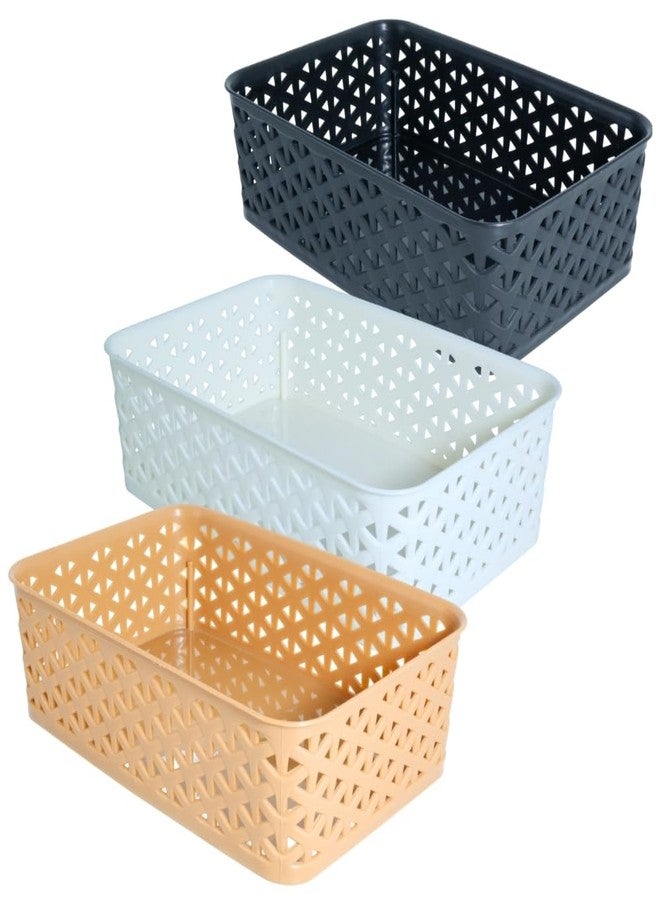Morvi Ajanta-2 Multi-Purpose Plastic Storage Basket|Stackable Organizer Tokri For Home,Kitchen,Bathroom & Office|Ideal For Toys,Clothes,Cosmetics,Stationery|Set Of 3|Black Peach White - Image 1