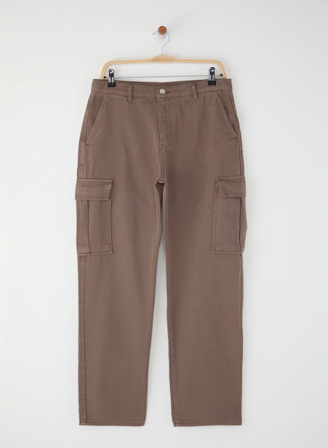 trendyol Mink Cargo Pocket Gabardine Baggy/Loose Cut 100% Cotton Casual Trousers - Image 4