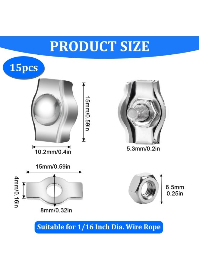15 Pcs M2 Stainless Steel Wire Rope Clips Single Bolt Simplex Wire Cable Grips Clamps for 1/16 Inch M2 Wire Rope - Image 2