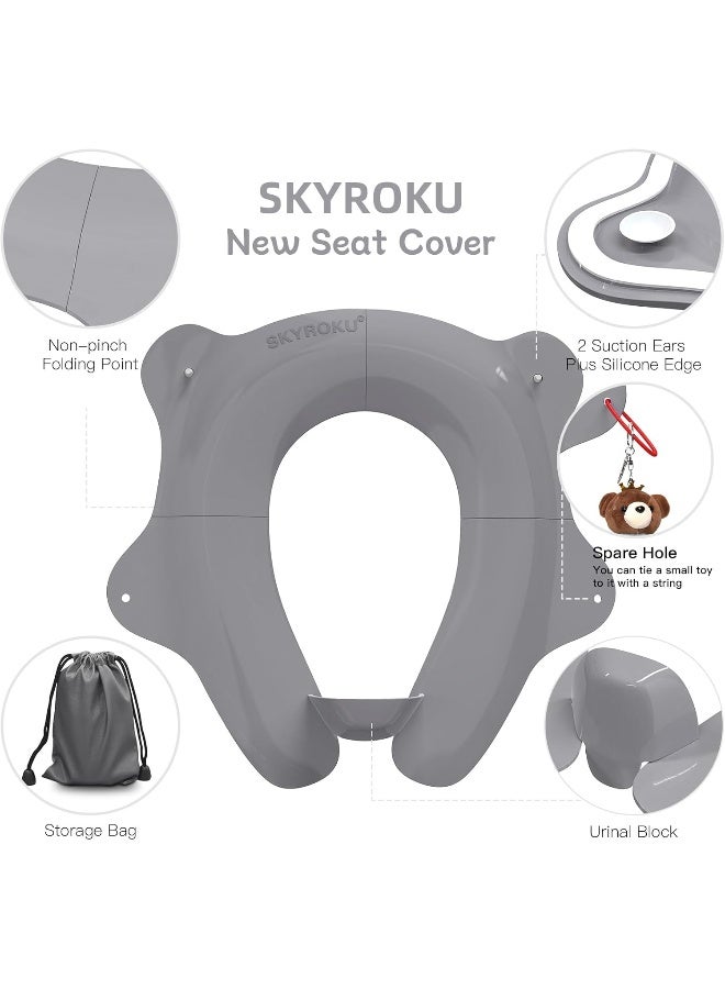 SKYROKU غطاء مقعد المرحاض القابل للطي والمحمول من SKYROKU، مقعد مرحاض مناسب للسفر للأولاد والبنات، غير قابل للانزلاق مع واقي رذاذ و2 أكواب شفط، حقيبة حمل متضمنة (رمادي) - Image 5