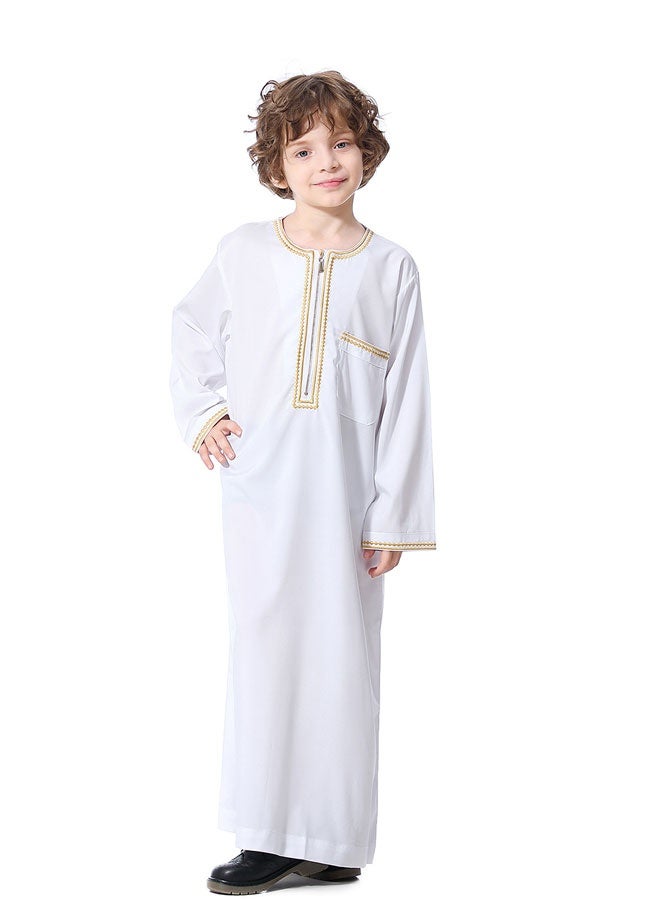 HAWAWA Kids Thobe for Muslim Boys Long Sleeve Kaftan Embroidered Crew Collar Robe with Zipper and Pockets Islamic Arabic Abaya Clothes(140CM) - Image 3