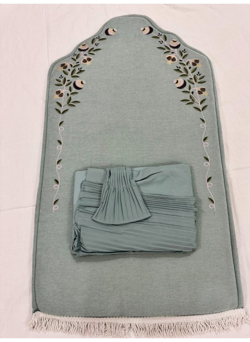 Royal embroidered prayer rug set with a pleated prayer gown. - Image 1