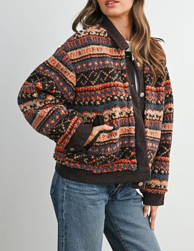 Meyhad Women's Floral Sherpa Jacket Open Front Denim Collar Fleece Jackets Oversized Outerwear with Pockets(1011-Coffee-S) - Image 4