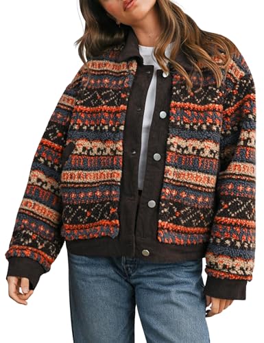 Meyhad Women's Floral Sherpa Jacket Open Front Denim Collar Fleece Jackets Oversized Outerwear with Pockets(1011-Coffee-S) - Image 1