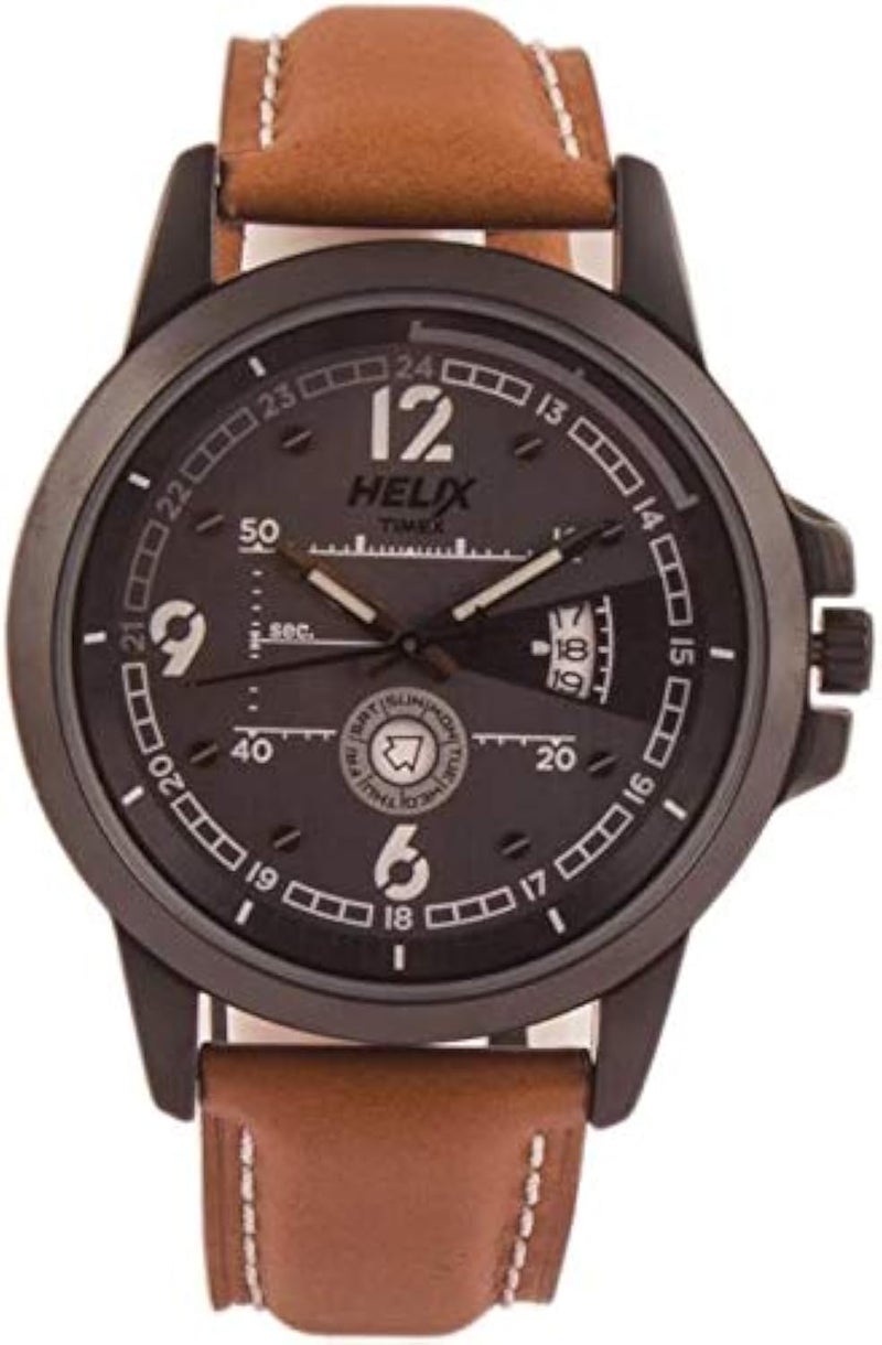 Helix by Timex Analog Watch for Man with Grey Round Dial & Brown Leather Strap Band Water Resistant Men's Wrist Watches - TW023HG14 - Image 1
