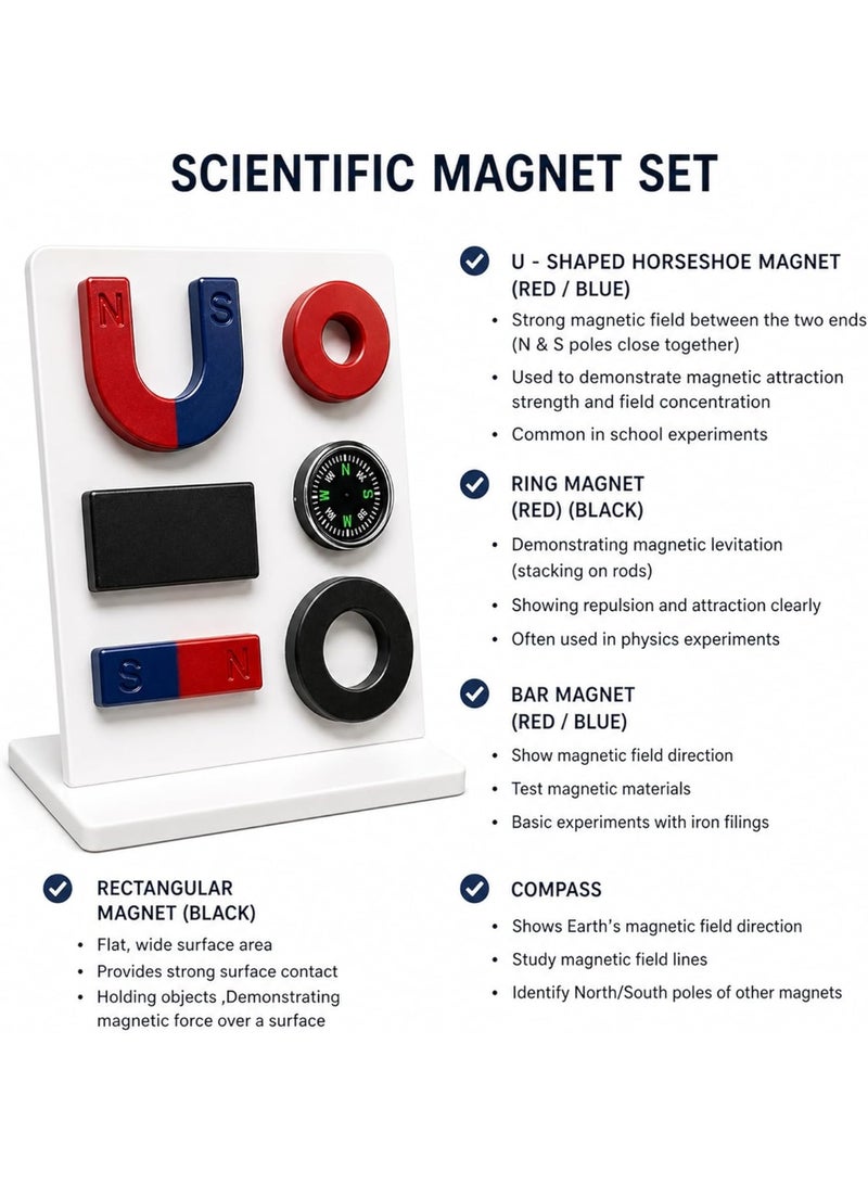 Melfi 6-Piece Scientific Magnet Set with Compass – Educational Magnetic Experiment Kit, Assorted Magnet Shapes for Physics Learning, Classroom Demonstrations, and STEM Exploration - Image 4