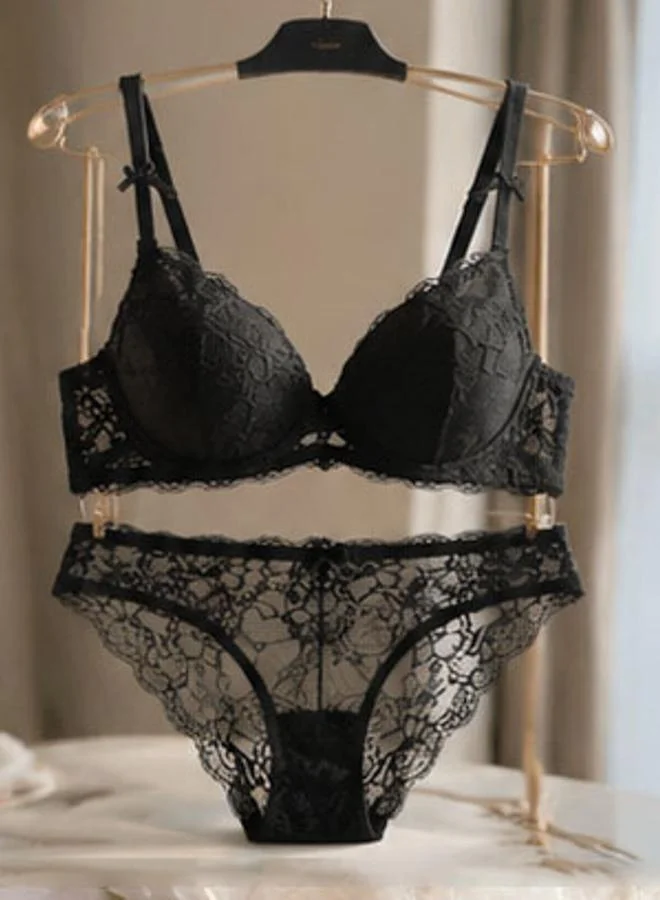 Black Lace Super Push-Up Bra And Bikini Lingerie Set