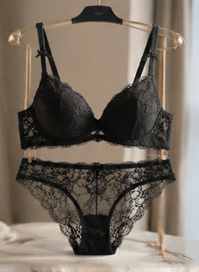 Take Two Black Lace Super Push-Up Bra And Bikini Lingerie Set - Image 1