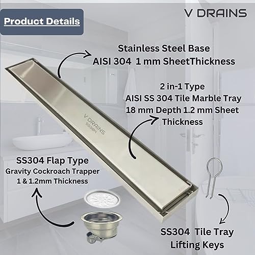 V DRAINS 600x80 mm Tile Marble Insert Floor Shower Drain Channel | Linear (Long) Drain for Bathrooms Floor, Terraces, Balconies of (SS AISI 304 18/8) with Cockroach Trap | Center Outlet (24x3 inches) - Image 4